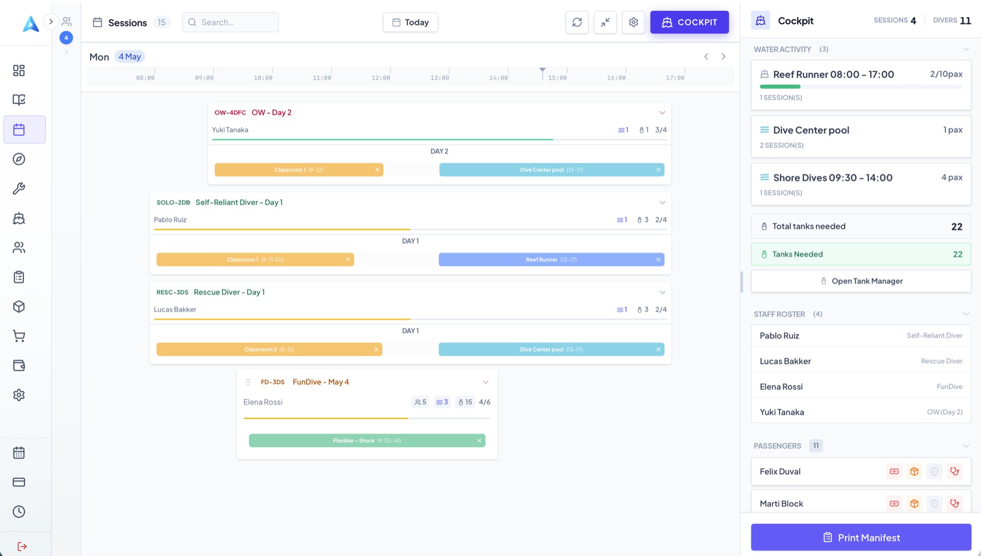 AbyssOS Day View — daily dive schedule builder