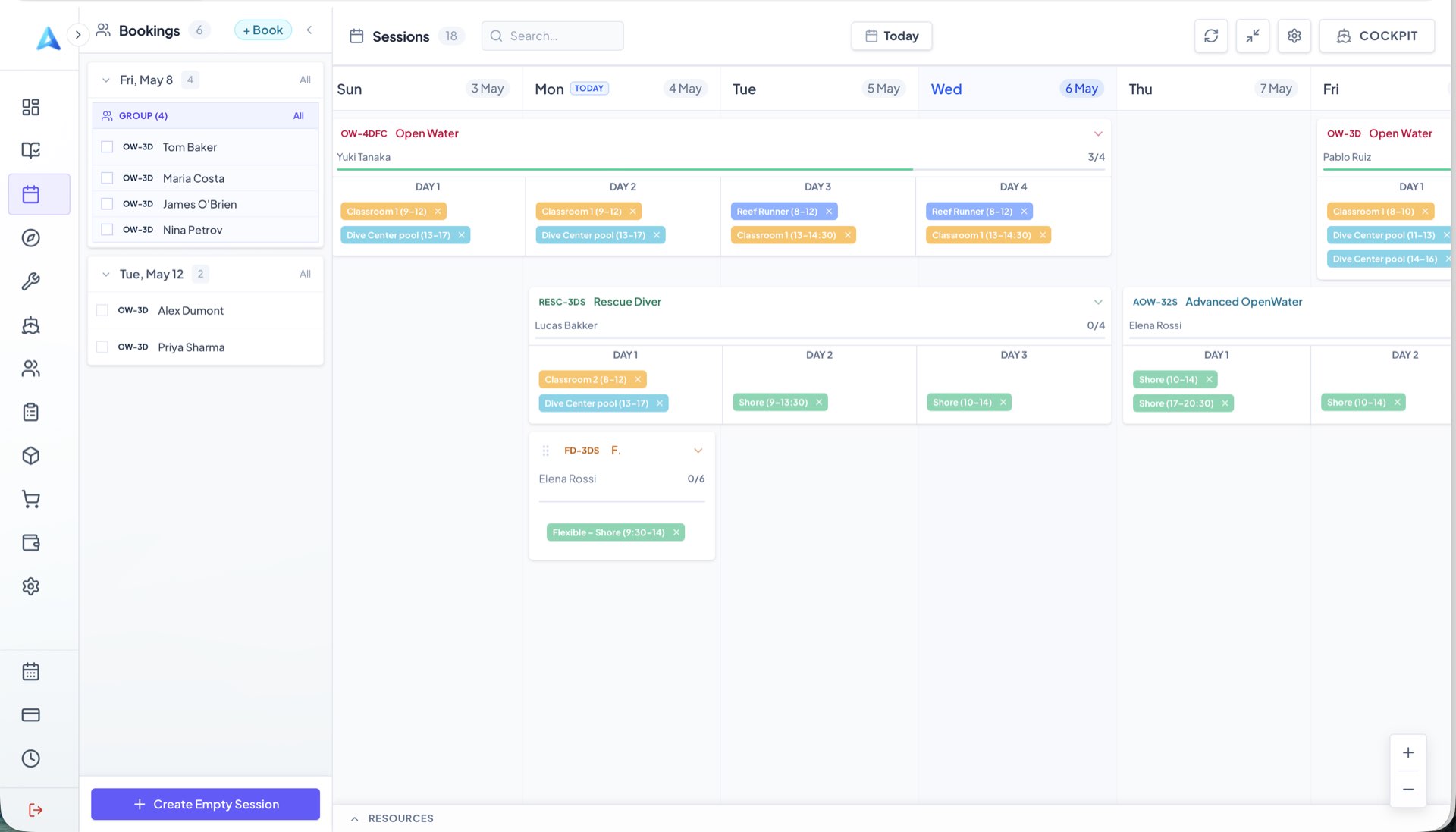 AbyssOS Schedule Whiteboard — drag and drop session management
